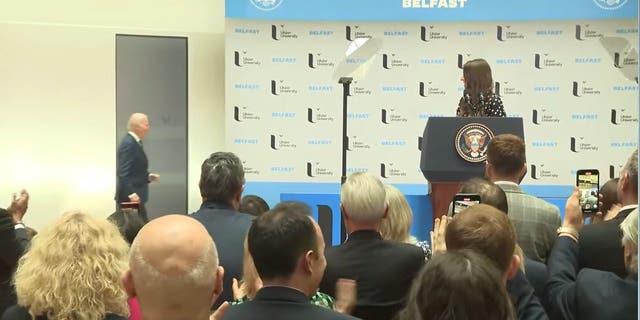 President Joe Biden comes to the stage during an event at Ulster University in Northern Ireland on April 12, 2023.