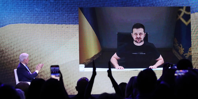 Former U.S. President Bill Clinton speaks with Ukrainian President Volodymyr Zelensky via a video link from Ukraine during the Clinton Global Initiative (CGI) 2022 Meeting on September 20, 2022, in New York City. 