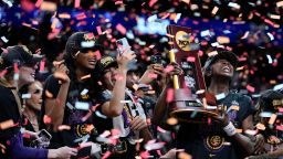 LSU players celebrate after the NCAA Women's Final Four championship basketball game against Iowa Sunday, April 2, 2023, in Dallas. LSU won 102-85 to win the championship. (AP Photo/Tony Gutierrez)