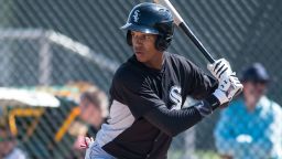 Chicago White Sox outfielder Anderson Comas (17) at bat during an Instructional League game against the Oakland Athletics at Lew Wolff Training Complex on October 5, 2018 in Mesa, Arizona. (Zachary Lucy/Four Seam Images via AP)