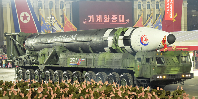 A missile is displayed during a military parade to mark the 75th founding anniversary of North Korea's army, in Pyongyang, North Korea, on Feb. 8, 2023.