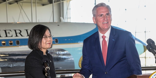House Speaker Kevin McCarthy, R-Calif., shakes hands with Taiwanese President Tsai Ing-wen after delivering statements to the press at the Ronald Reagan Presidential Library in Simi Valley, California, on April 5, 2023. 