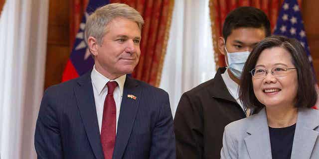 House Foreign Affairs Committee Chairman Michael McCaul, left, attends a luncheon with Taiwan's President Tsai Ing-wen, during a visit by a Congressional delegation to Taiwan in Taipei, Taiwan, on April 8, 2023. China sanctioned Rep. McCaul on April 13, 2023, for his visit to Taiwan.