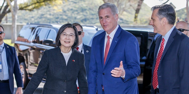 House Speaker Kevin McCarthy welcomes Taiwanese President Tsai Ing-wen to the Ronald Reagan Presidential Library. China threatened unspecified retaliation if the two met.