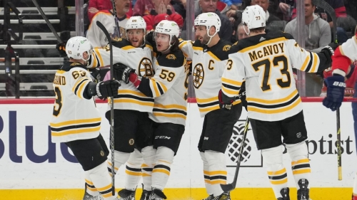 David Pastrnak celebrates his goal with teammates.