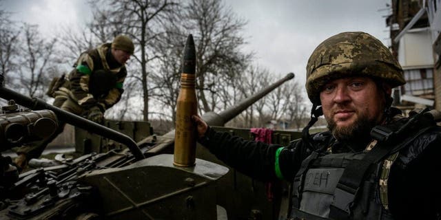 Ukrainian soldiers on the front line as they continue in the direction of Bakhmut in the Donetsk region.