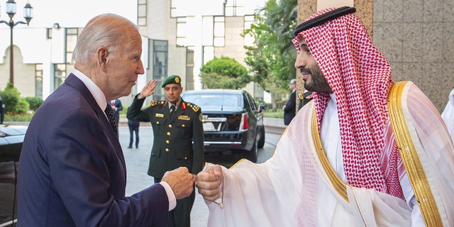 President Joe Biden, left, is welcomed by Crown Prince Mohammed bin Salman in Jeddah, Saudi Arabia, on July 15, 2022.