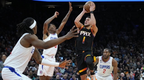 Devin Booker shoots against the Los Angeles Clippers during the second half of Game 2. 
