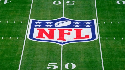 The NFL Shield logo painted on the field prior to Super Bowl LVII between the Kansas City Chiefs and the Philadelphia Eagles.
