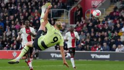 Manchester City's Erling Haaland scores his side's third goal during the English Premier League soccer match between Southampton and Manchester City at St Mary's Stadium in Southampton, England, Saturday, April 8, 2023. 
