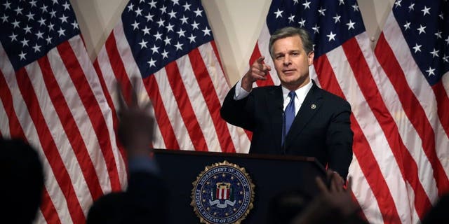 FBI Director Christopher A. Wray speaks to the media during a news conference at FBI Headquarters, on June 14, 2018, in Washington, DC. 