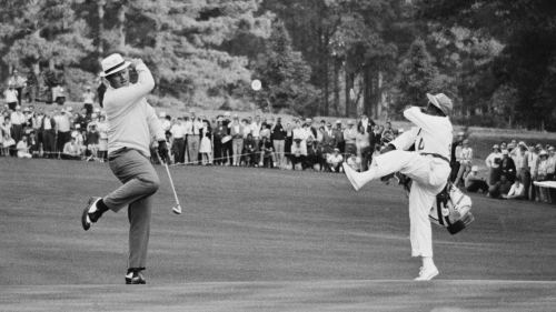 Nicklaus and Peterson celebrate a birdie at the 1966 Masters, a tournament they would go on to win.