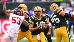 LONDON, ENGLAND - OCTOBER 09: Aaron Rodgers #12 of the Green Bay Packers in action during the NFL match between New York Giants and Green Bay Packers at Tottenham Hotspur Stadium on October 09, 2022 in London, England. (Photo by Stu Forster/Getty Images)