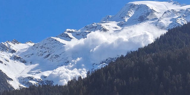 A general view shows an avalanche in the French Alps, in Les Contamines-Montjoie, France, April 9, 2023, in this still image obtained from a social media video.