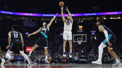 Klay Thompson reached 300 three-pointers for the season in Sunday's game against the Blazers.