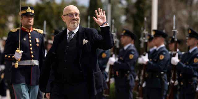 Oleksii Reznikov, Minister of Defense of Ukraine, is shown before his meeting with his Greek counterpart Nikos Panagiotopoulos, in Athens, Grece, on April 6, 2023. 