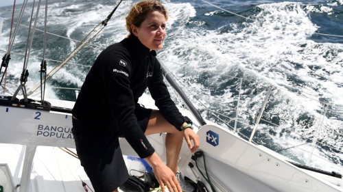French skipper Clarisse Crémer sails off the coast of Lorient, western France, in July 2020. 