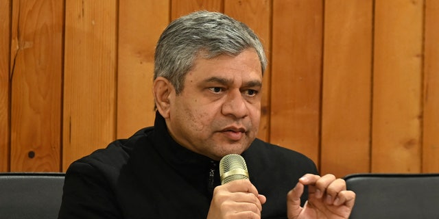 Ashwini Vaishnaw, the Union Cabinet Minister for Railways, Communications, Electronics and Information Technology, speaks during a press conference at a railway station in Srinagar on March 25, 2023.