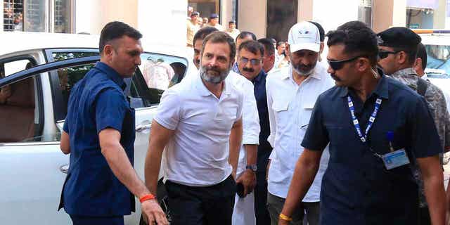 Rahul Gandhi arrives at a court in Surat, India, on March 23, 2023. The court heard Congress leader Rahul Gandhis' appeal to stay his conviction in a criminal defamation case for mocking Prime Minister Narendra Modis surname which resulted in his expulsion from Parliament. 