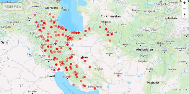 This map of Iran shows sites of purported poisonings over the past months, totaling 328 as of April 14, 2023.