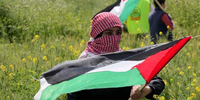 Palestinians wave flags during a rally along the border fence with Israel, east of Gaza City, on March 30, 2023. An Israeli human rights group says that Israel is holding over 1,000 Palestinian detainees without charge. This is the highest number of detainees in Israel since 2003. 