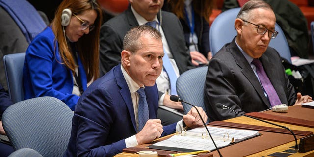 Israeli Ambassador Erdan speaks during UN meeting 