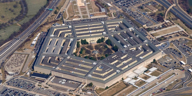 The Pentagon is seen from Air Force One as it flies over Washington, March 2, 2022.