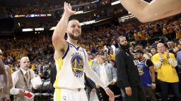 SAN FRANCISCO, CALIFORNIA - APRIL 23: Stephen Curry #30 of the Golden State Warriors high-fives Klay Thompson #11 after they beat the Sacramento Kings in Game Four of the Western Conference First Round Playoffs at Chase Center on April 23, 2023 in San Francisco, California. NOTE TO USER: User expressly acknowledges and agrees that, by downloading and or using this photograph, User is consenting to the terms and conditions of the Getty Images License Agreement. (Photo by Ezra Shaw/Getty Images)