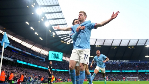 Kevin De Bruyne opened the scoring in Manchester City's top of the table clash against Arsenal. 