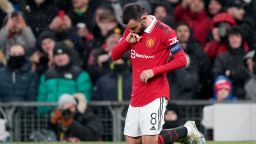 Manchester United's Bruno Fernandes celebrates scoring his sides third goal during the UEFA Europa League round of 16, first leg match at Old Trafford, Manchester. Picture date: Thursday March 9, 2023. (Photo by Tim Goode/PA Images via Getty Images)