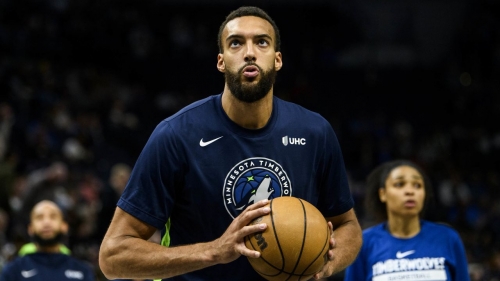 Rudy Gobert warms up before the Minnesota Timberwolves' game against the New Orleans Pelicans at Target Center on April 9, 2023.