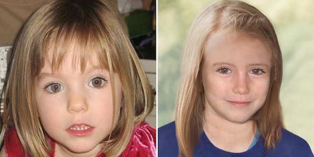 Missing Madeleine McCann as a toddler next to an age progression photo