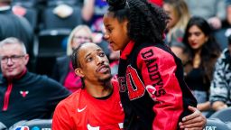 TORONTO, CANADA - APRIL 12:  DeMar DeRozan #11 of the Chicago Bulls embraces his daughter before the game against the Toronto Raptors during the 2023 Play-In Tournament on April 12, 2023 at the Scotiabank Arena in Toronto, Ontario, Canada.  NOTE TO USER: User expressly acknowledges and agrees that, by downloading and or using this Photograph, user is consenting to the terms and conditions of the Getty Images License Agreement.  Mandatory Copyright Notice: Copyright 2022 NBAE (Photo by Mark Blinch/NBAE via Getty Images)