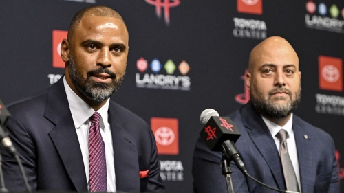 Ime Udoka (left) was introduced as the Houston Rockets' new head coach on Wednesday. 