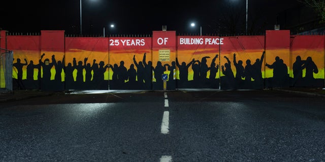  A new mural painted on to the so called Peace Wall gates that separates the catholic and protestant communities can be seen on April 3, 2023 in Belfast, Northern Ireland.