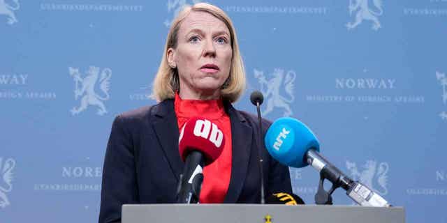Norway's Foreign Minister Anniken Huitfeldt holds a press conference at the Foreign Ministry in Oslo, Norway, on April 13, 2023. Huitfeldt says her country's government expelled 15 Russian diplomats because they were suspected of spying while working at the Russian Embassy in Oslo. 