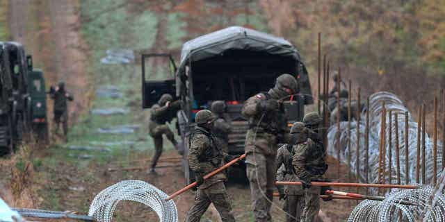 Polish soldiers begin laying a razor wire barrier along their country's border with Russia, in Wisztyniec, Poland, on Nov. 2, 2022. Poland's interior minister says the electronic barrier is being built to monitor and counteract any illegal activity. 