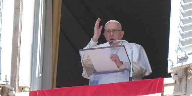 Pope Francis delivers a blessing during the Regina Coeli prayer in St. Peters Square, at the Vatican on April 10, 2023. 