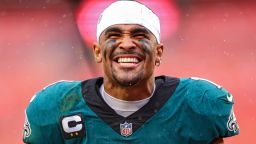 LANDOVER, MARYLAND - SEPTEMBER 25: Quarterback Jalen Hurts #1 of the Philadelphia Eagles celebrates after defeating the Washington Commanders at FedExField on September 25, 2022 in Landover, Maryland. 