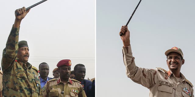 This file picture composite shows General Abdel Fattah al-Burhan, left, the head of Sudan's ruling military council, greeting his supporters in Khartoum's twin city of Omdurman on June 29, 2019. Sudanese paramilitary commander Mohamed Hamdan Daglo, left, raises up a cane during a meeting with his supporters in Khartoum on June 18, 2019. Sixteen months since Sudan's top generals ousted a transition to civilian rule, the coup leaders are embroiled in a dangerous power struggle with deepening rivalries within the security forces, analysts warned on April 16, 2023.