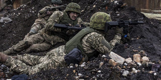 Ukrainian soldiers of the Aidar battalion training at an undetermined location in Donetsk oblast, April 4, 2023. 