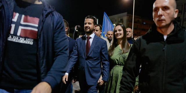 PODGORICA, MONTENEGRO - APRIL 2: Leader of Europe Now ! Jakov Milatovic arrives at a press conference as he won the second round of the presidential elections on April 2, 2023 in Podgorica, Montenegro.