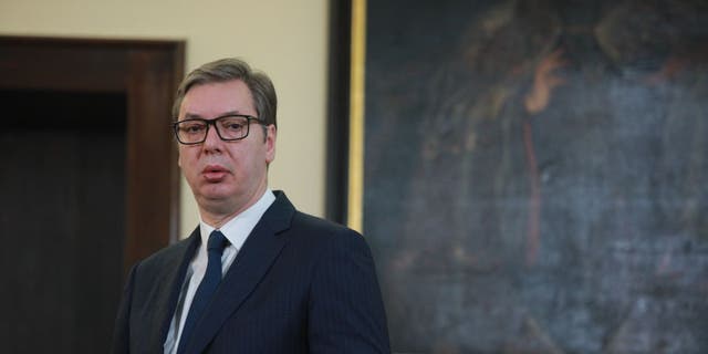 Serbian President Aleksandar Vucic, pictured here, and Serbian Patriarch Porfirije make statements to the press after their meeting in Belgrade, Serbia on Dec. 27, 2022.