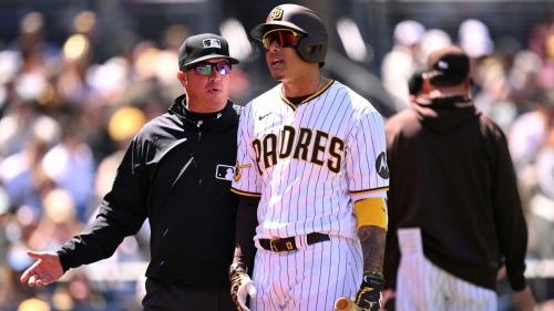 Manny Machado talks to an umpire after being ejected during the first inning against the Arizona Diamondbacks.