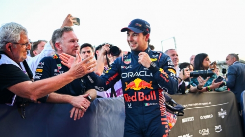 Sergio Perez celebrates his victory in the sprint race.