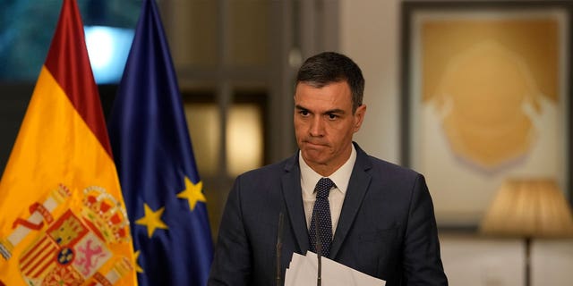 Spanish Prime Minister Pedro Sánchez speaks during a press conference at the Spanish embassy of Beijing on March 31, 2023. Sánchez apologized for a law that allowed convicted sex offenders to have their sentences reduced.