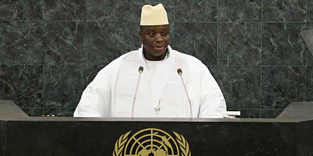 Gambian President Yahya Jammeh speaks at the 68th session of the United Nations General Assembly on Sept. 24, 2013, in New York City. A former interior minister for Jammeh, Ousman Sonko, has been charged with crimes against humanity by Swiss prosecutors for his role in years of repression against opponents of Jammeh.