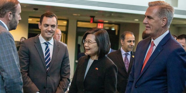 House Speaker Kevin McCarthy with Taiwan President Tsai Ing-wen at the Ronald Reagan Presidential Library on Wednesday, April 5, 2023, in Simi Valley, California.