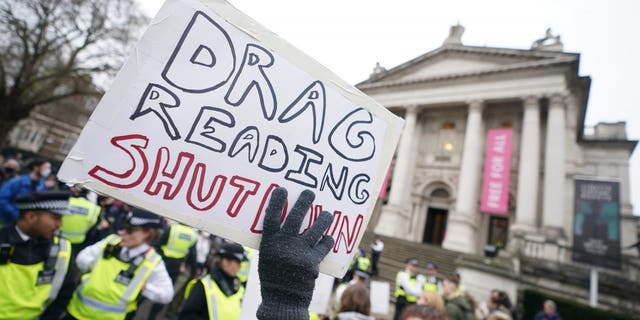 Protesters outside the Tate Britain in London, which hosted a drag queen event for children in February.