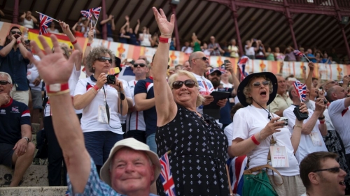 British supporters gesture during the opening ceremony of the XXI World Transplant Games 2017 in Malaga, Spain on June 25, 2017.